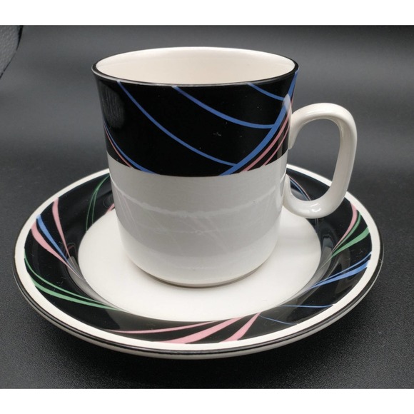 Vintage 80s Joan Luntz Sango Escapade Cup and Saucer set of 4 black pink blue - Picture 2 of 7